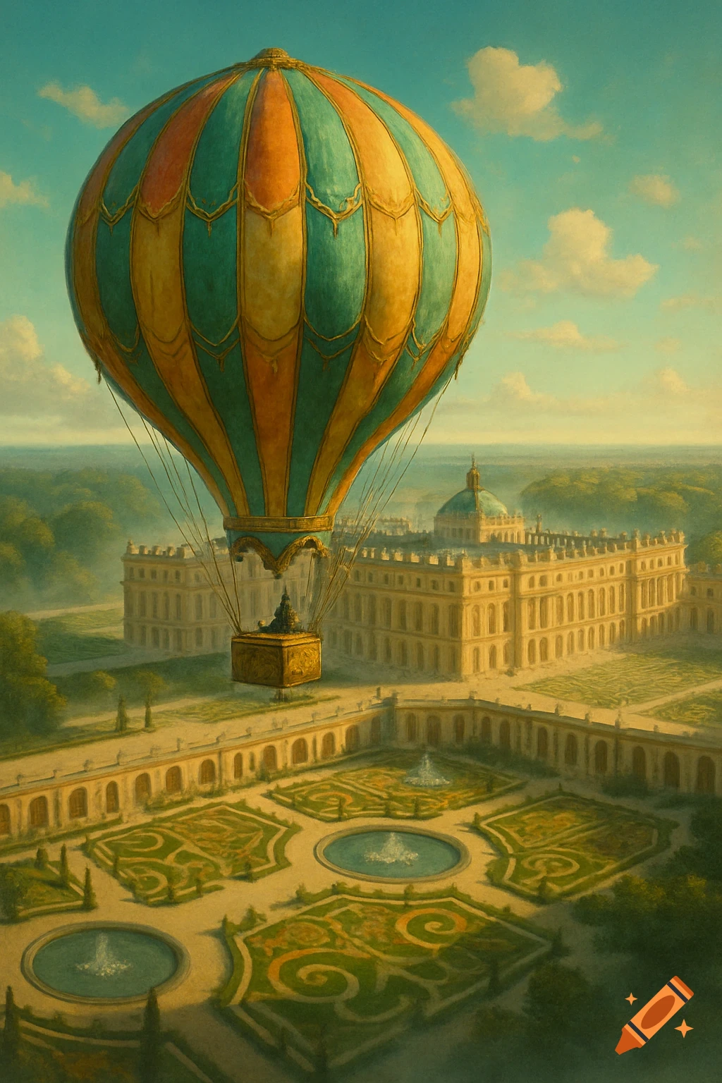 A large, striped hot air balloon floats above a grand palace with intricate formal gardens and fountains, in a painterly style.