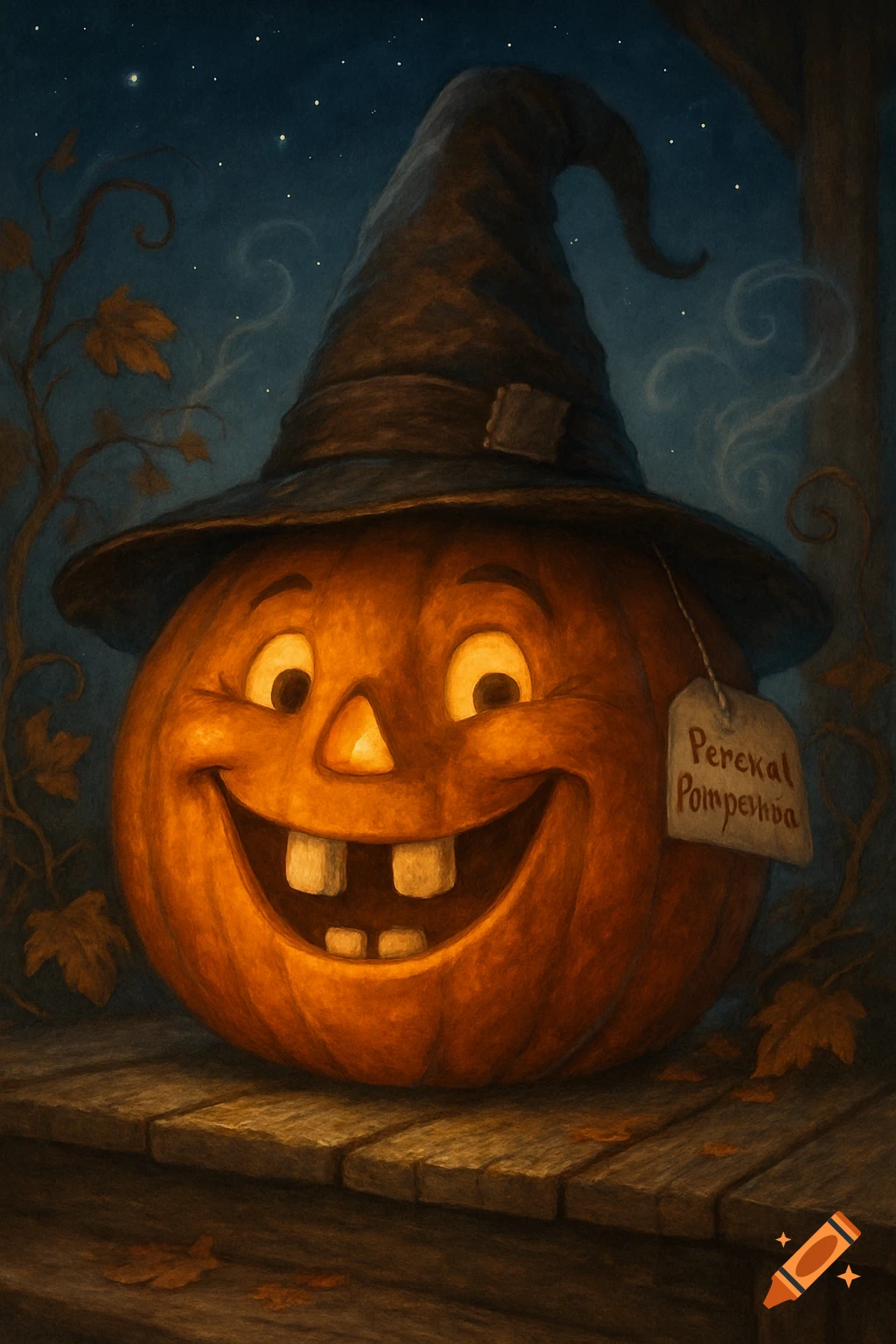 A smiling jack-o'-lantern with buck teeth and a witch hat sits on a wooden plank under a starry night sky, with autumn leaves.