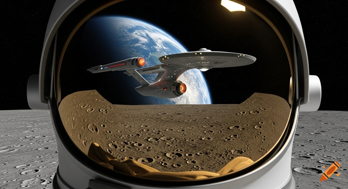 Photorealistic view from an astronaut's helmet visor, reflecting the moon, Earth, and the Starship Enterprise.