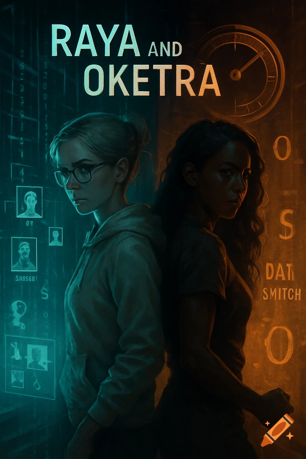 A movie poster for 'Raya and Oketra' featuring two women standing back-to-back in a cyber-themed, neon-lit server room. One woman is lit in blue, the other in orange, with digital code and interface elements surrounding them.