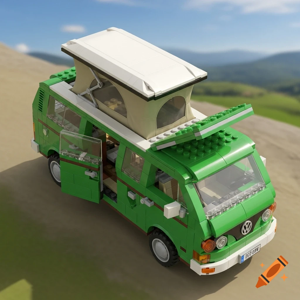 A detailed green Lego camper van with a raised pop-top roof, parked on a dirt path with green hills in the background.