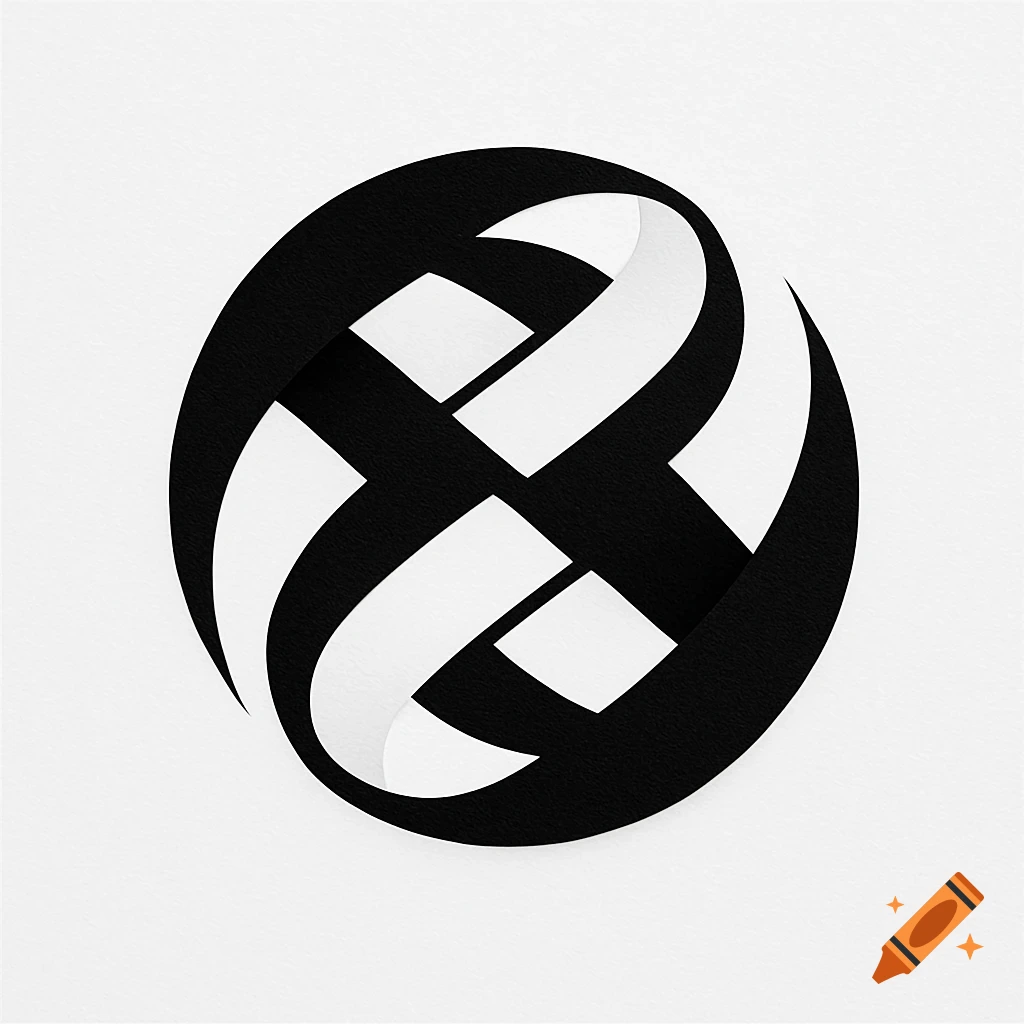An abstract black and white logo featuring intertwined, ribbon-like shapes forming a circular design on a textured background.