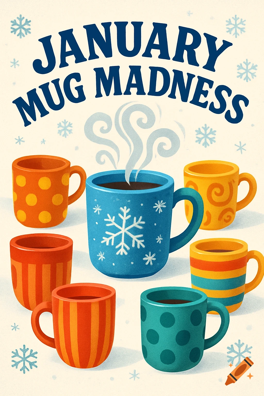 A colorful graphic for January Mug Madness featuring several mugs in different patterns, one steaming, and snowflakes.