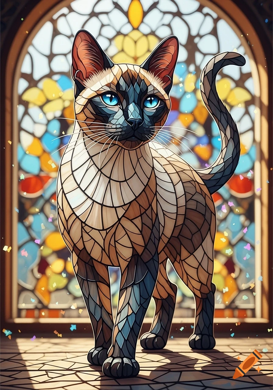 A vibrant stained glass Siamese cat with bright blue eyes stands in front of a colorful stained glass window.