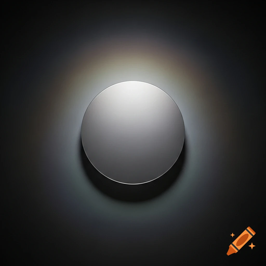 A minimalist circular silver object illuminates a dark grey wall with a soft halo of light.