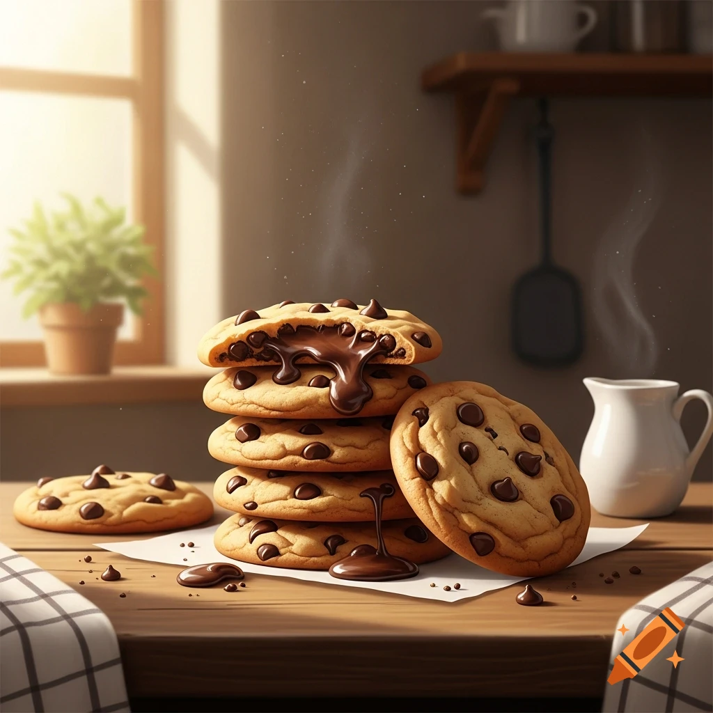 A stack of warm chocolate chip cookies with melted chocolate on a wooden table in a sunlit kitchen.
