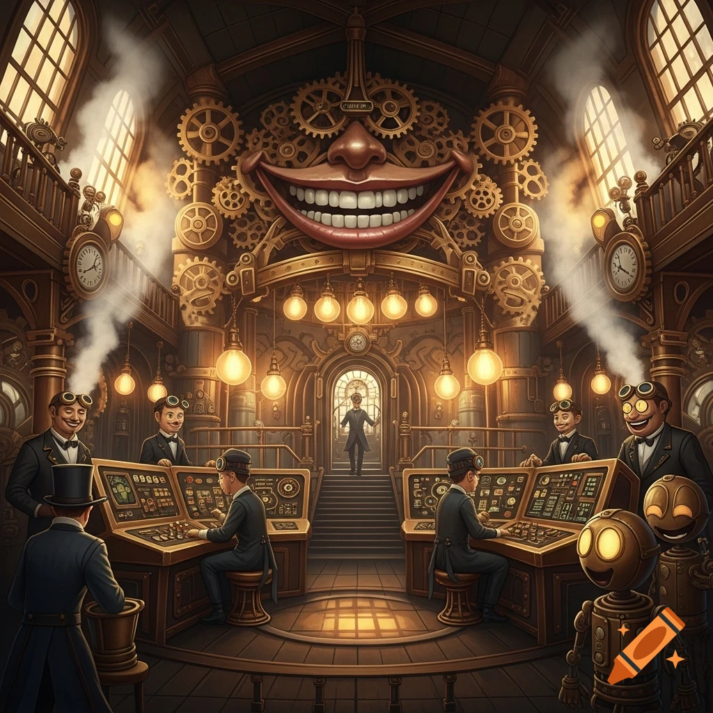 A grand steampunk control room with ornate gears, glowing bulbs, and a giant grinning mechanical face. Several men in formal attire and two small robots operate elaborate consoles in the dimly lit interior.