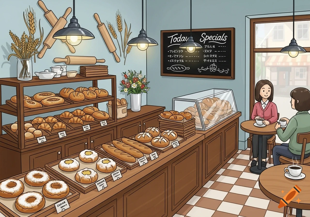 A 2D illustration of the inside of a bustling bakery, with shelves filled with various breads, croissants, and donuts. Two people sit at a table drinking coffee near a window.