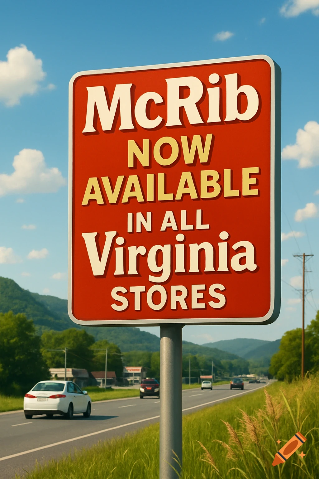 A photorealistic red road sign on a highway reads "McRib NOW AVAILABLE IN ALL Virginia STORES", with cars, mountains, and a blue sky.