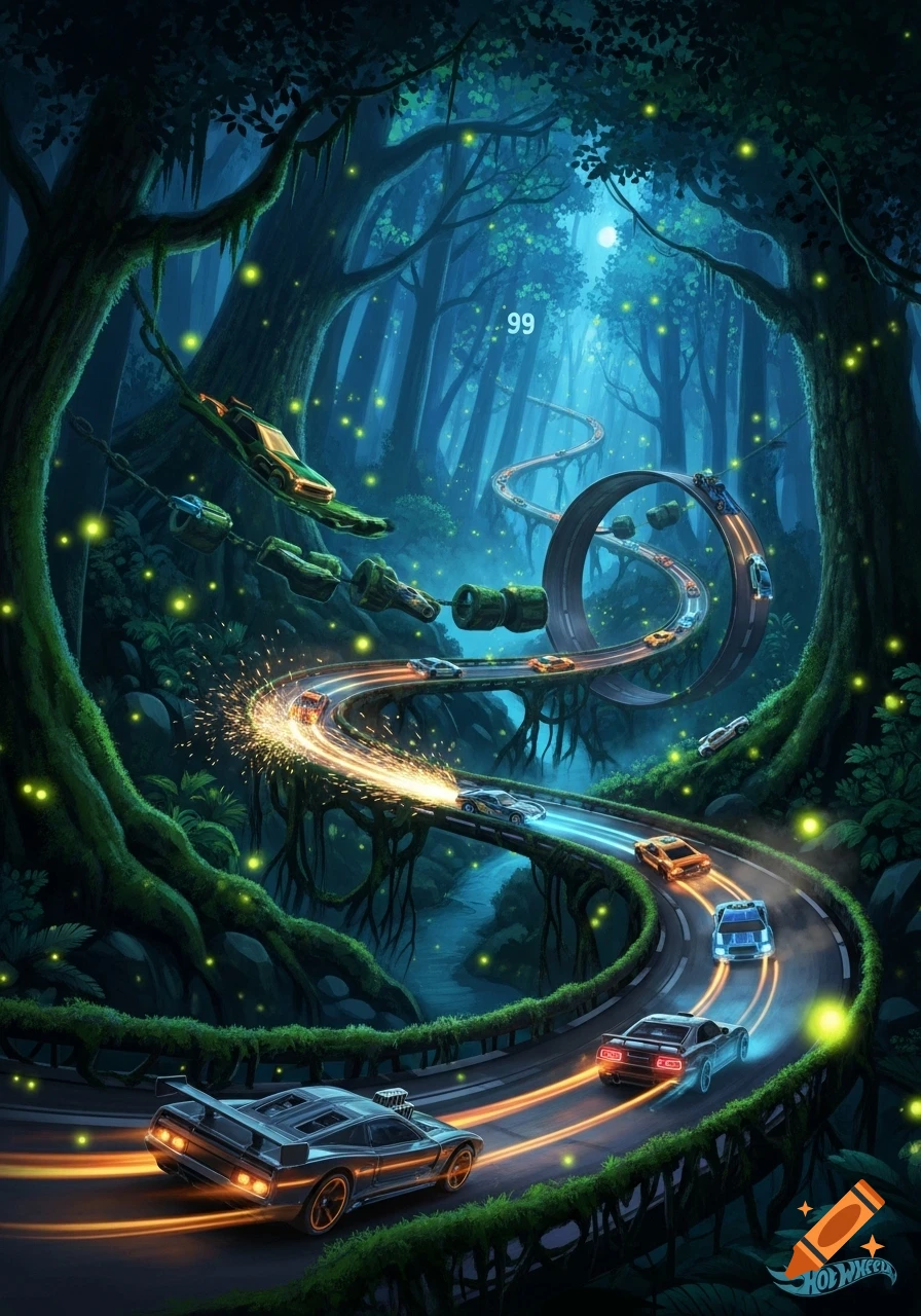 Hot Wheels cars race on an elaborate track through a mystical, glowing forest at night, with one car sparking as it drifts.