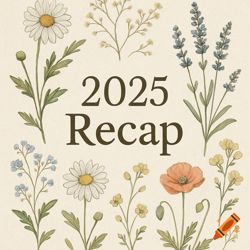The text "2025 Recap" centered, surrounded by watercolor botanical illustrations of daisies, lavender, poppies, and wildflowers on a textured cream background.