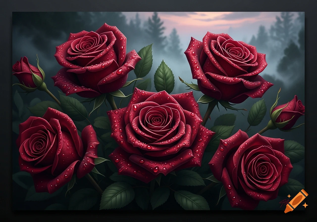 Several vibrant red roses covered in water droplets with green leaves, against a misty dark forest background at dusk.