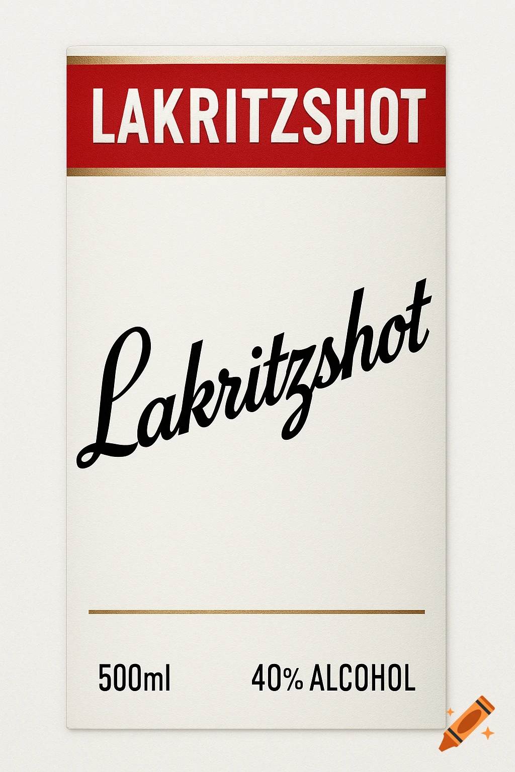 A rectangular product label with a red top bar trimmed in gold, featuring "LAKRITZSHOT" in white text and "Lakritzshot" in a large black script font. Below are "500ml" and "40% ALCOHOL" in black text.