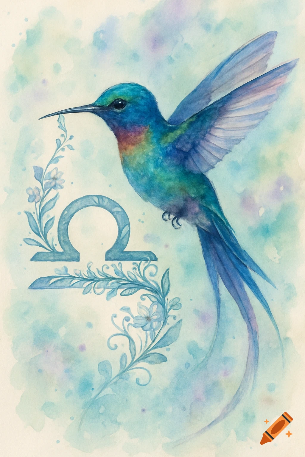 Watercolor painting of a vibrant blue and green hummingbird holding a plant stem near a floral Libra zodiac symbol.