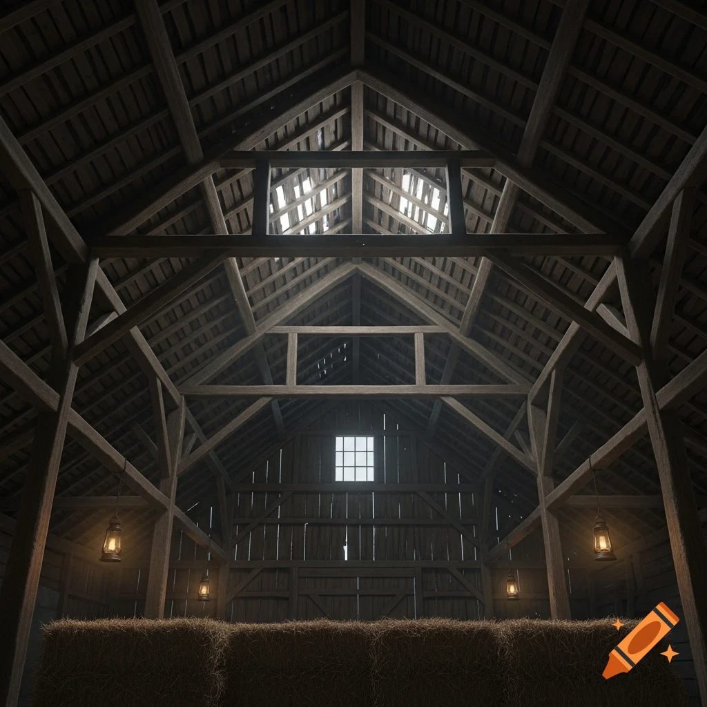 A low-angle view inside a dark, old timber-framed barn, with light from a high window and hanging lanterns illuminating hay bales.