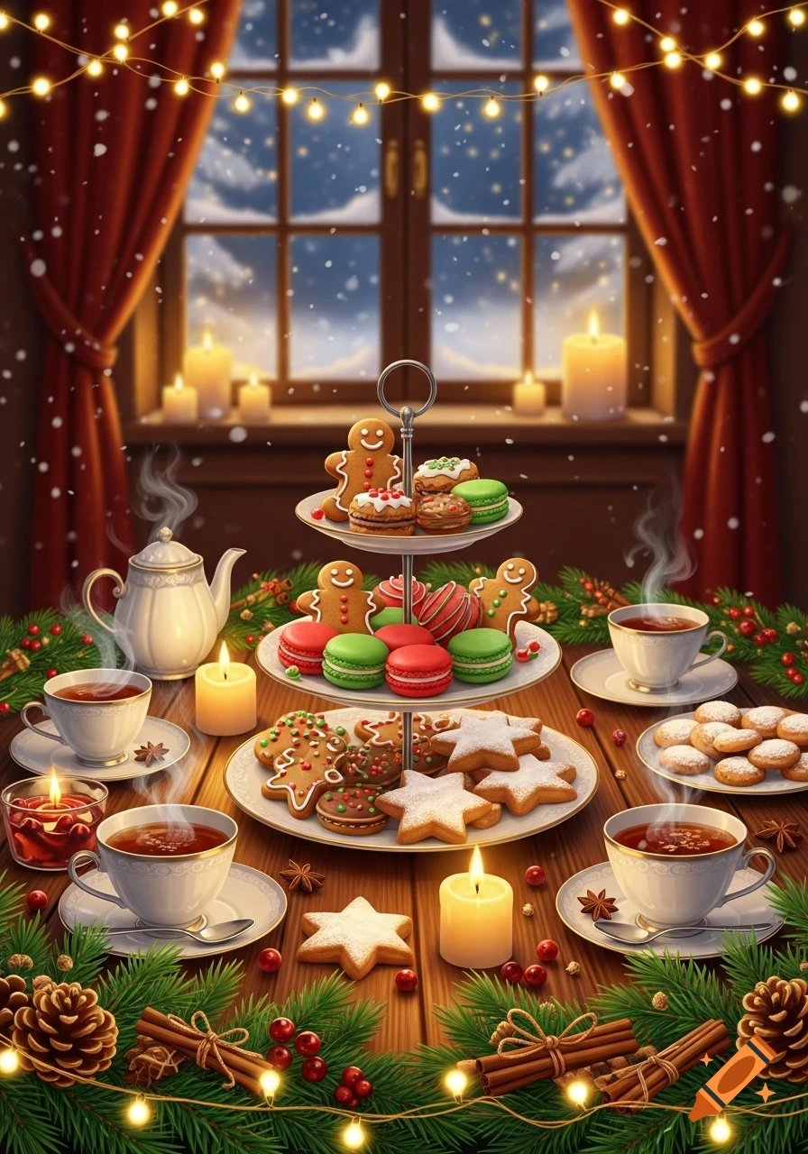 A festive Christmas table with gingerbread cookies, star-shaped cookies, macarons, and steaming teacups, illuminated by candles and string lights, with a snowy window in the background.
