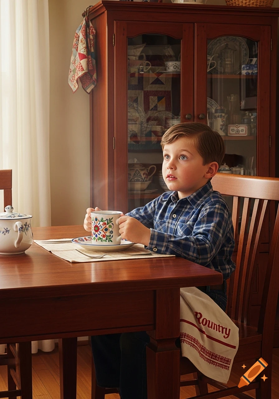 A young boy in a plaid shirt sits at a wooden table, holding a patterned mug, looking up thoughtfully in a sunlit domestic scene.