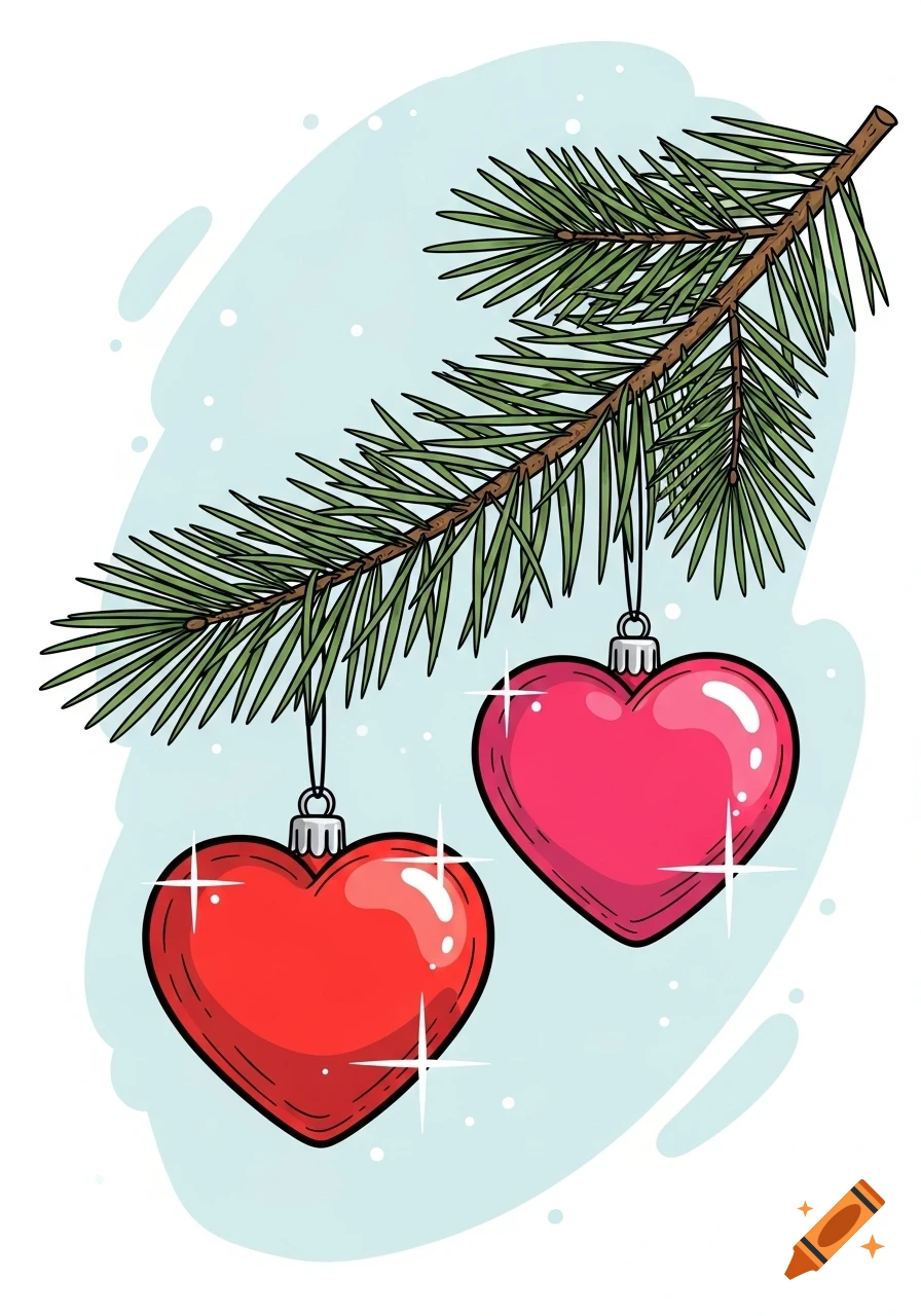 Cartoon illustration of two shiny heart-shaped ornaments, one red and one pink, hanging from a fir branch with snowflakes.