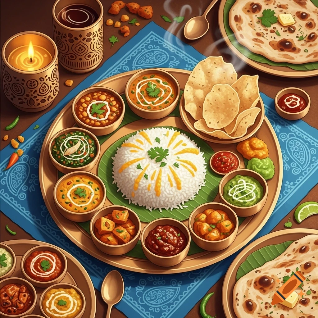 A vibrant Indian thali meal, with rice, various curries, naan, and papadums on a wooden platter, set on a blue patterned cloth.