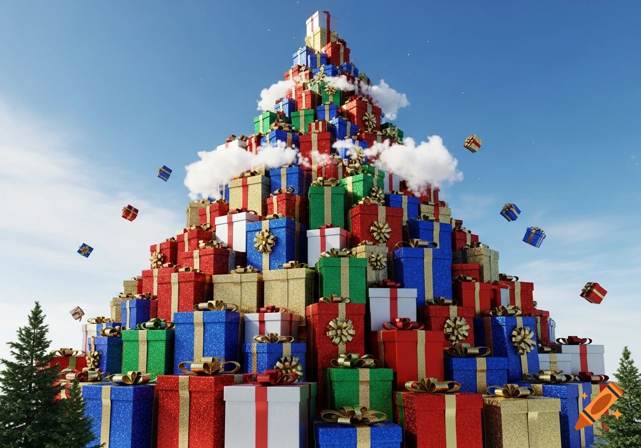 A whimsical mountain of colorful, glittery gift boxes under a blue sky, with some gifts floating and small Christmas trees at the base.