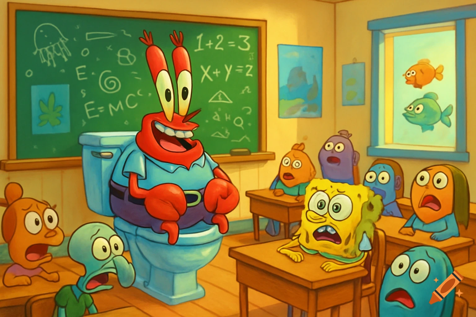 Mr. Krabs sits on a toilet in front of a chalkboard in a cartoon classroom, while SpongeBob and other students look on in horror.