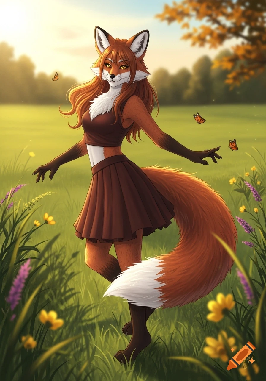 An illustrated anthropomorphic fox with long red hair and a fluffy tail stands in a sunny field with wildflowers and butterflies.