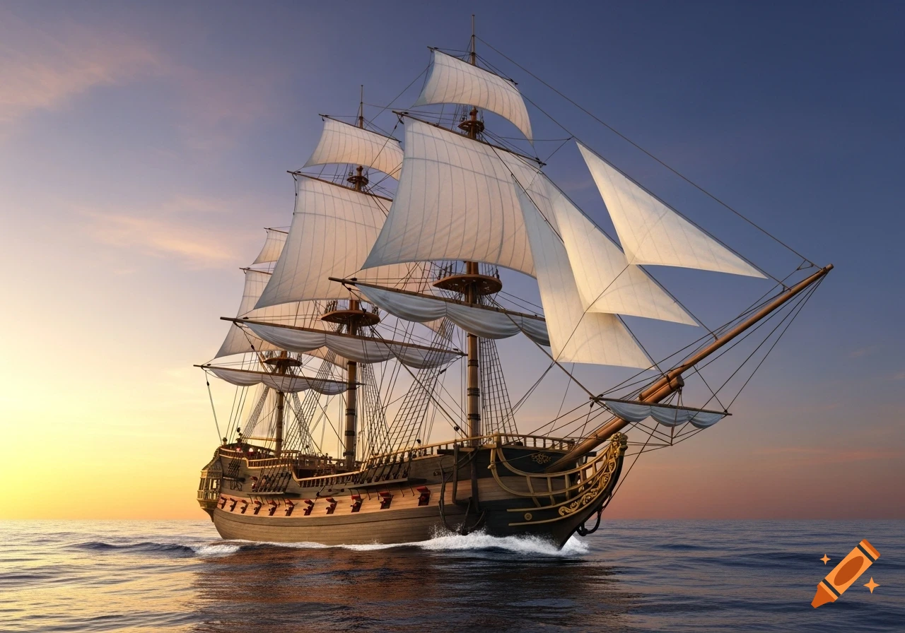A majestic wooden sailing ship with billowing white sails glides through calm ocean waters under a vibrant sunset sky.