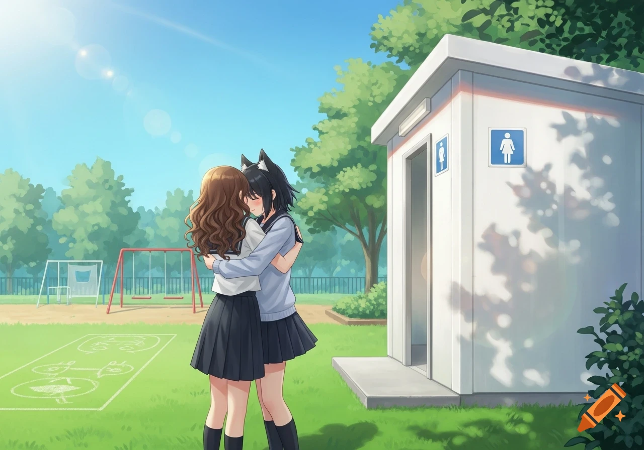 Two anime-style girls in school uniforms, one with wolf ears, hug in a sunny schoolyard near a restroom building and playground.