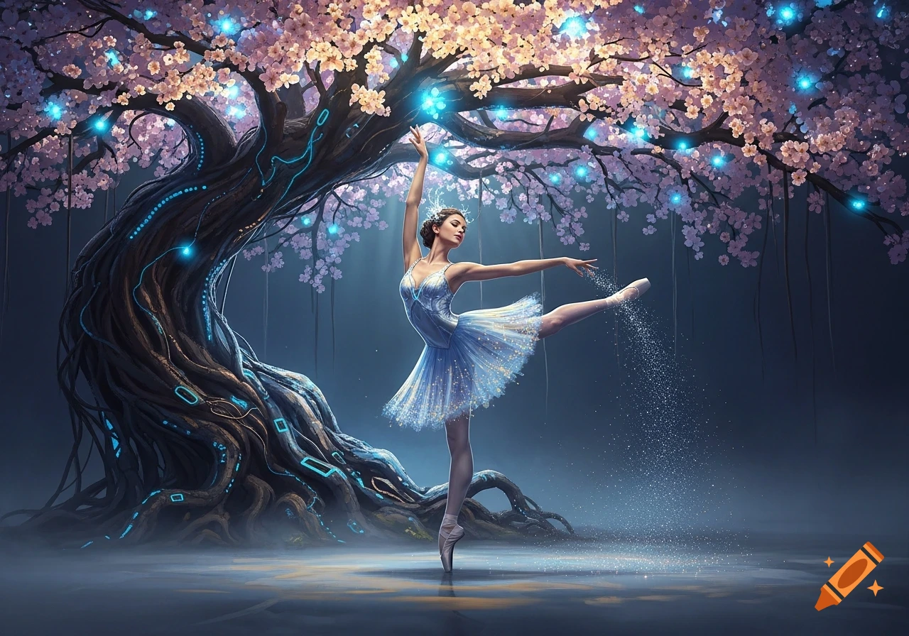 A ballerina in a blue tutu dances under a fantasy tree with pink blossoms and glowing blue lights, sparkling magic dust.
