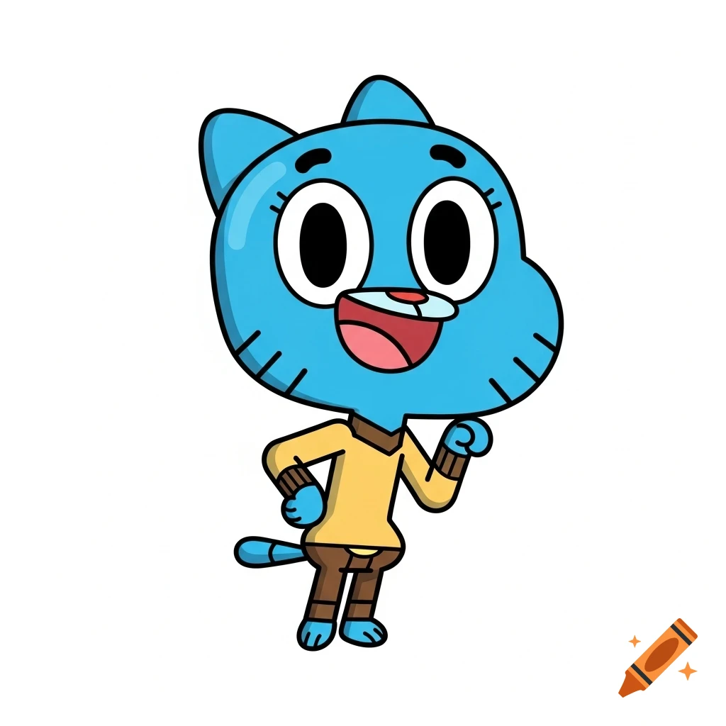 A 2D cartoon of the light blue cat character Gumball Watterson, smiling and wearing a yellow shirt and brown shorts, on a white background.