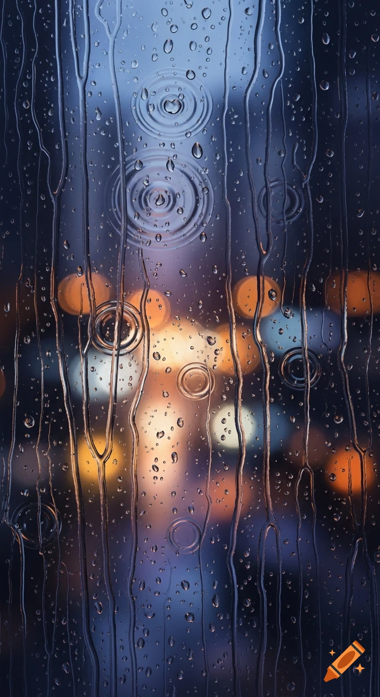 Photorealistic raindrops and streaks on a window with blurred orange and blue city lights creating an atmospheric, moody scene.