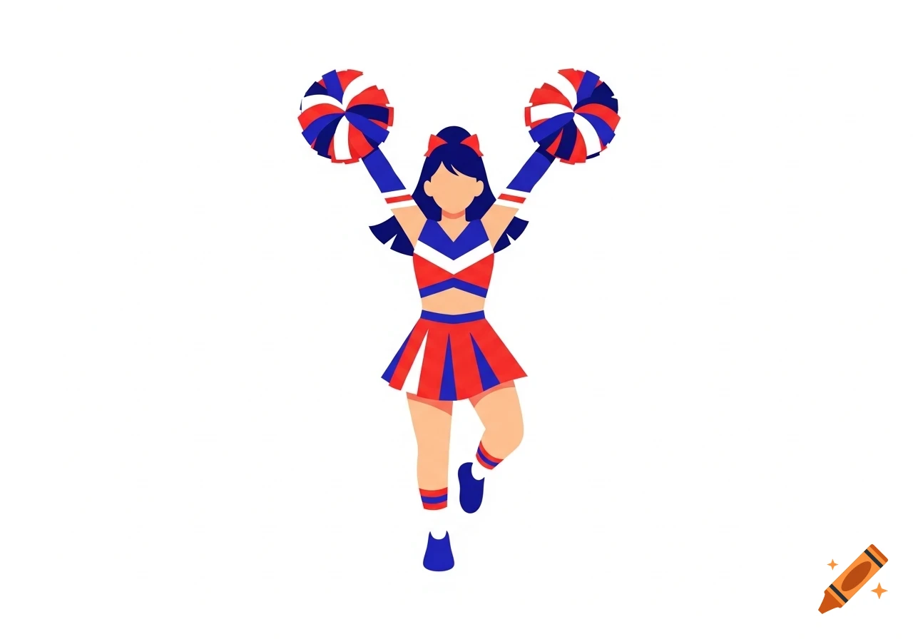 A flat illustration of a female cheerleader in a red, white, and blue uniform, holding two red, white, and blue pompoms in the air.