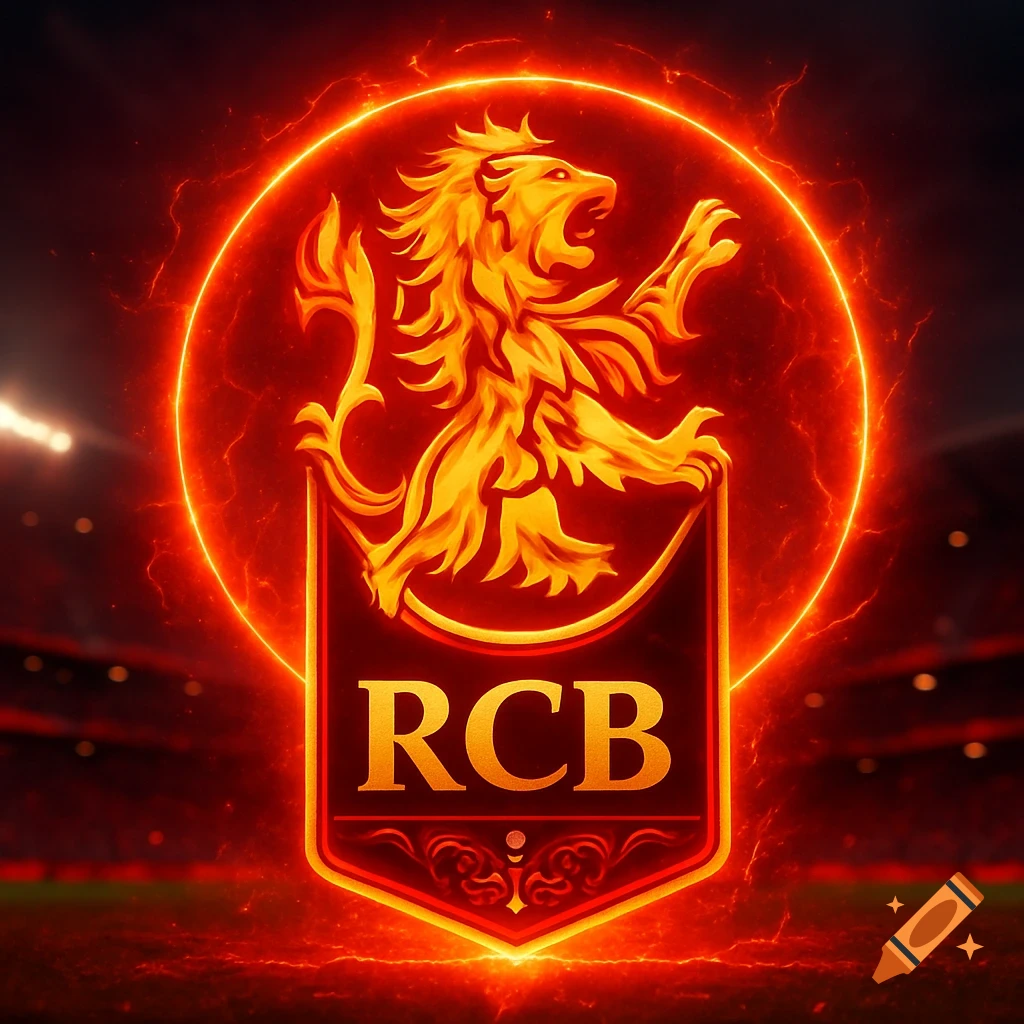A dynamic logo of a golden lion in a red glowing circle above a shield with 'RCB' text, set in a stadium.