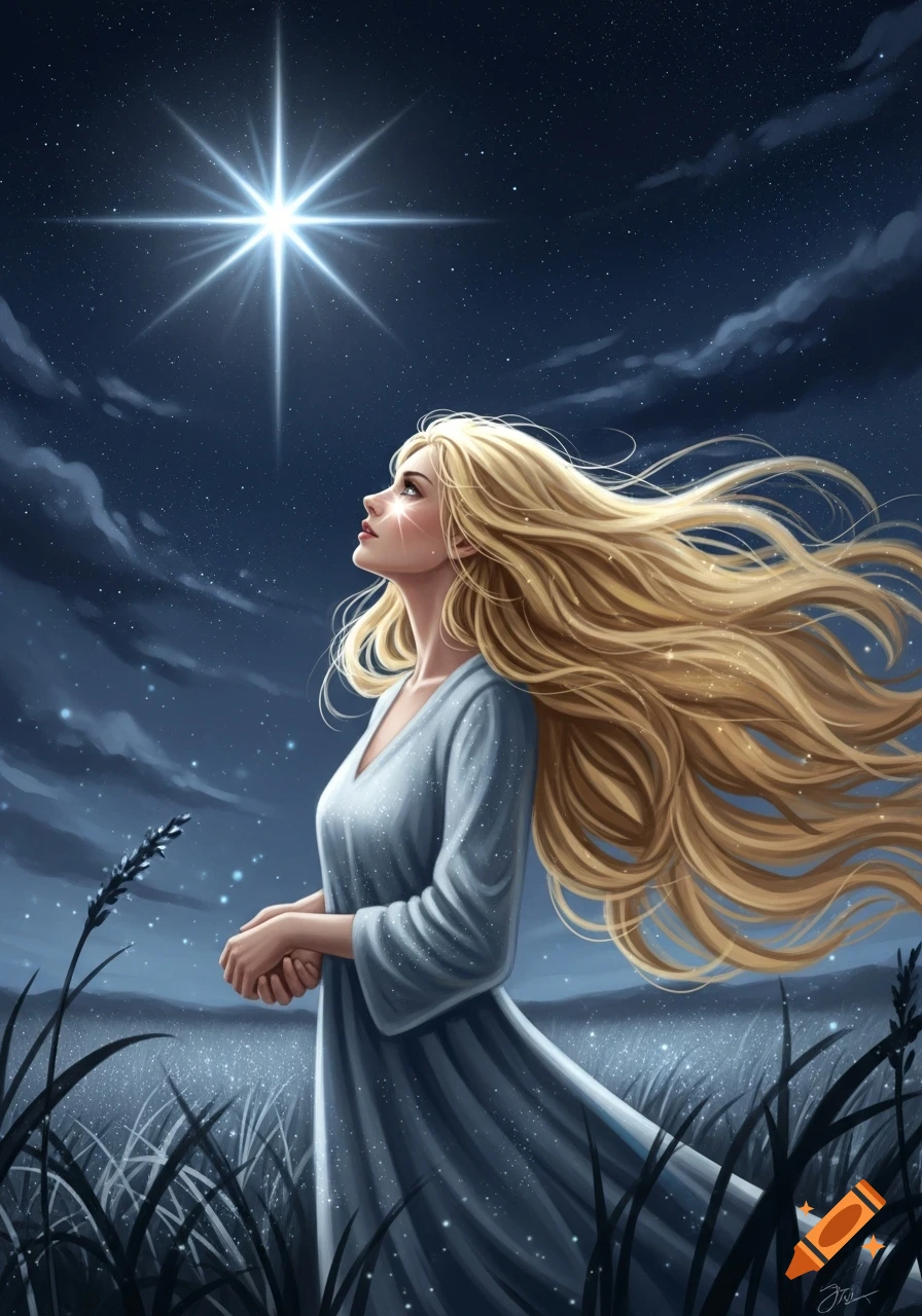 An illustration of a blonde woman in a field looking up at a bright star in the dark, starry night sky.