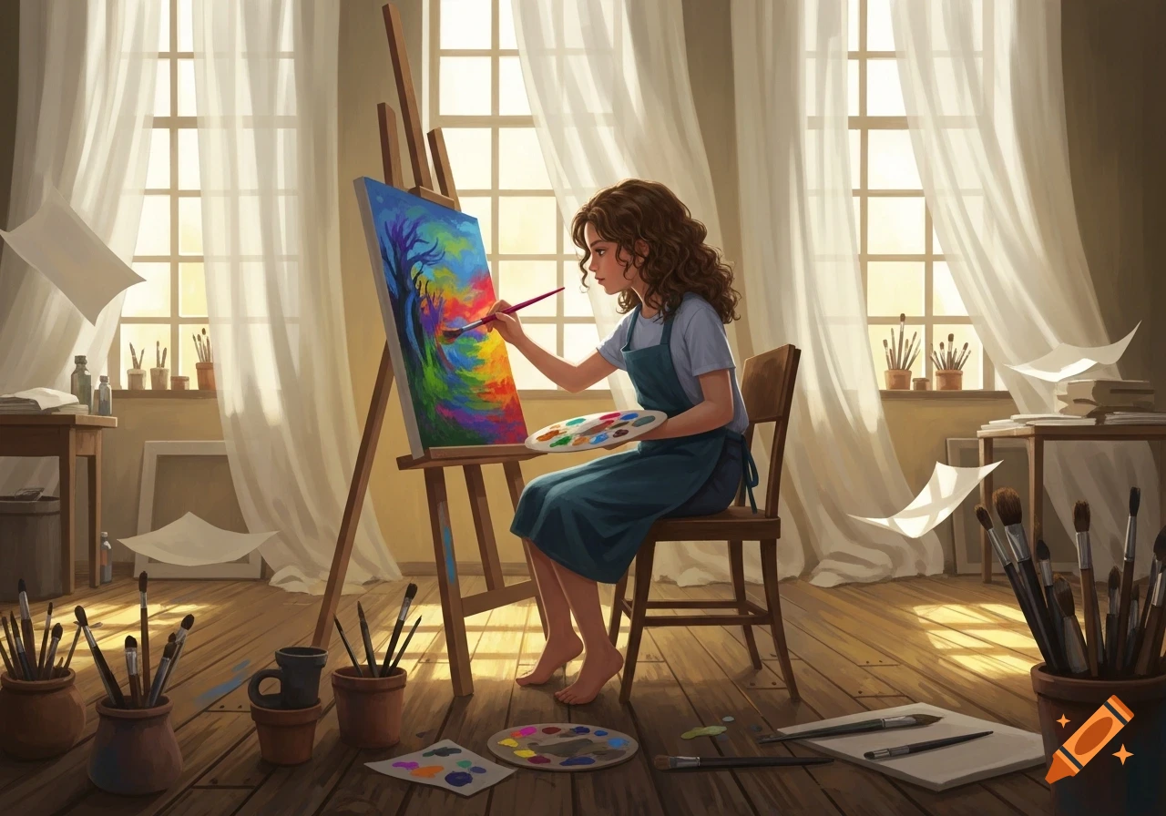 A young girl with curly hair paints a vibrant, colorful abstract tree on an easel in a sunlit art studio.