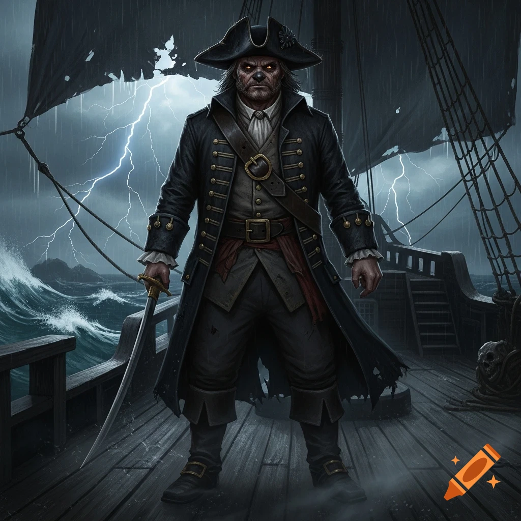 A grim pirate with glowing red eyes and a black tricorn hat stands on a ship deck during a stormy night with lightning.