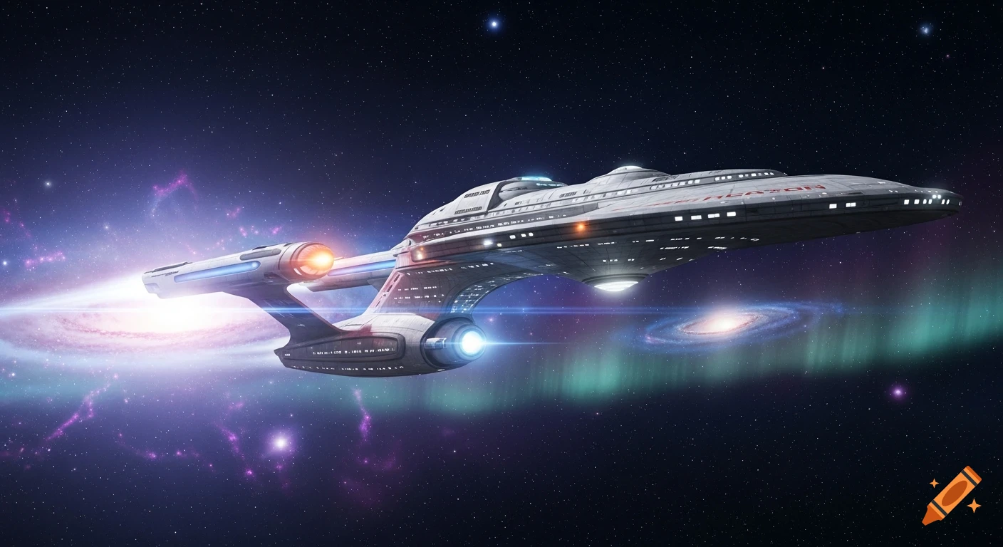 A detailed Star Trek-style federation starship, the USS Creation, flies through a vibrant galaxy with nebulae and stars.