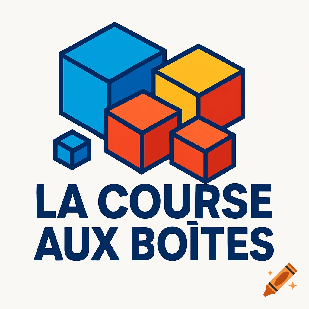 A logo featuring stacked blue, orange, and yellow isometric boxes, with the text "LA COURSE AUX BOITES" below.
