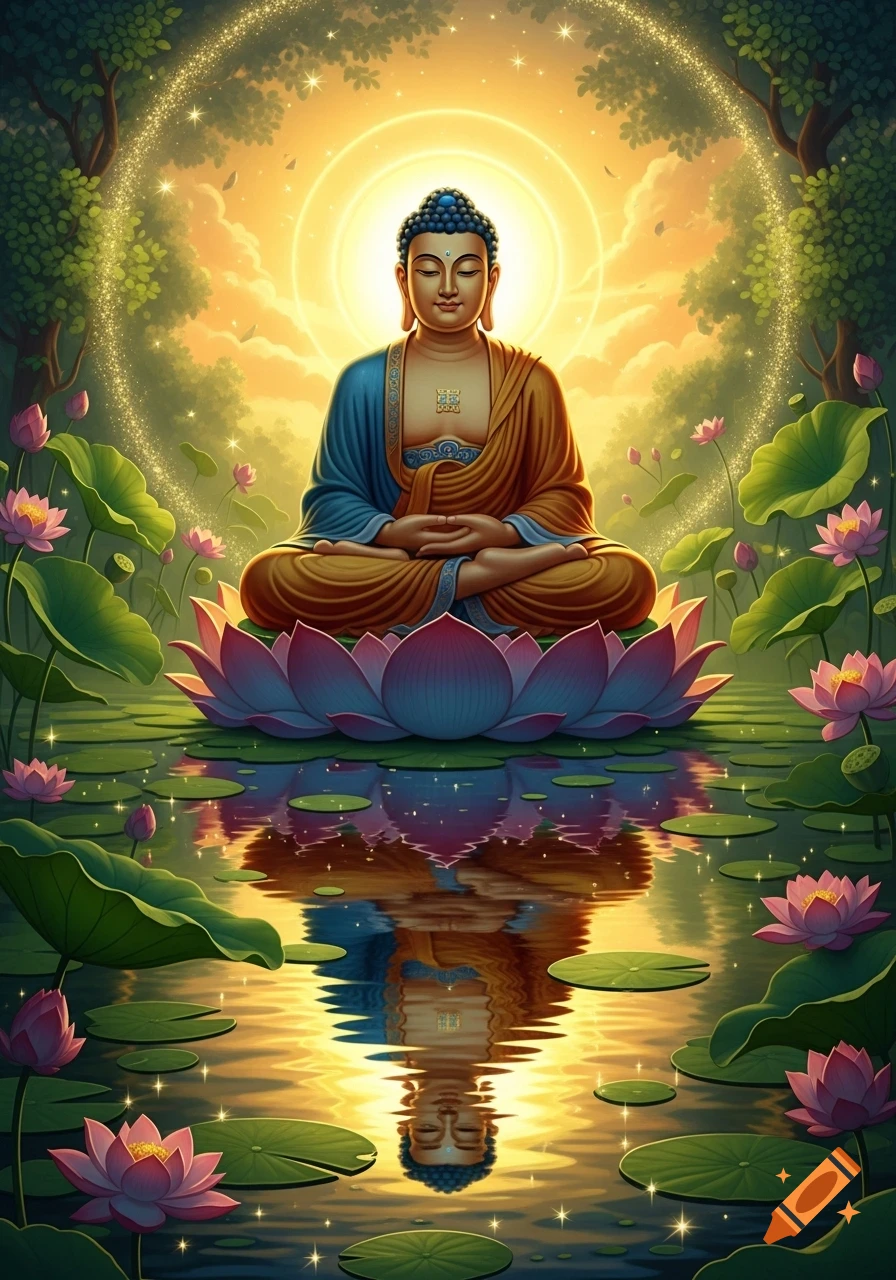 A serene Buddha meditates on a lotus flower in calm water, surrounded by pink lotus blooms and lily pads under a radiant, spiritual sky.