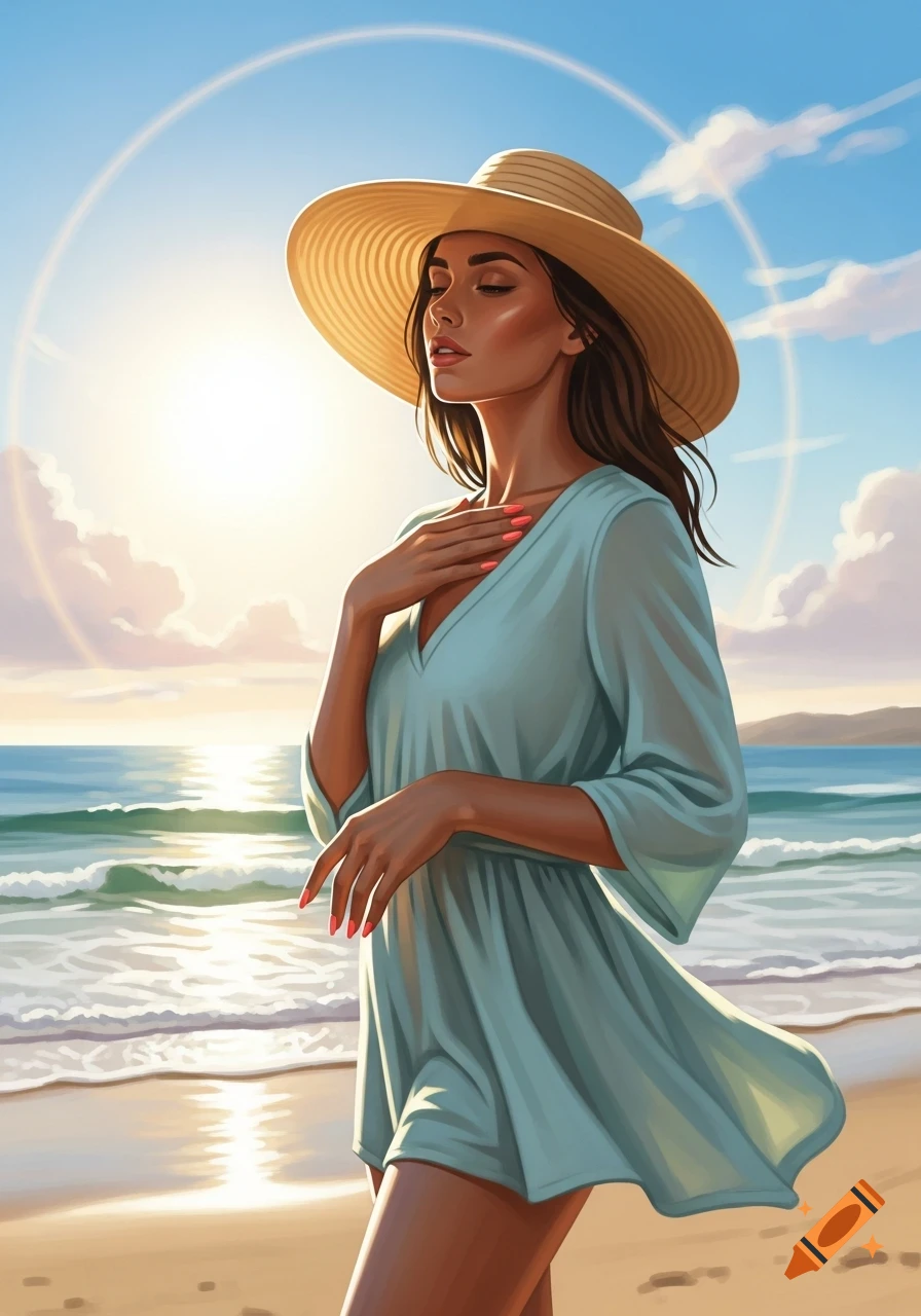 Stylized illustration of a woman in a sun hat and light blue dress standing on a sunny beach, eyes closed, hand on chest.