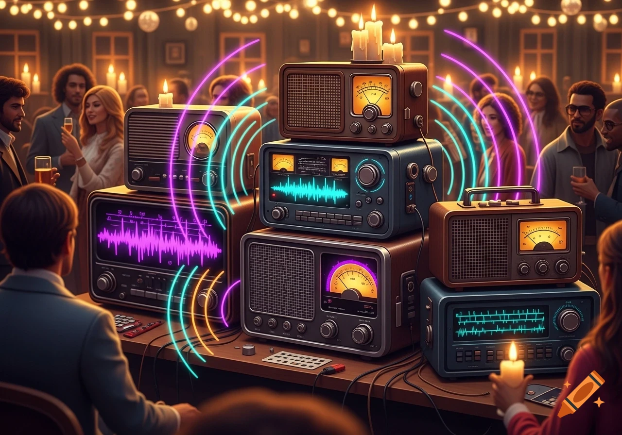 People gather at a lively New Year's Eve party with string lights, focused on a table stacked with vintage radio equipment displaying glowing sound waves.