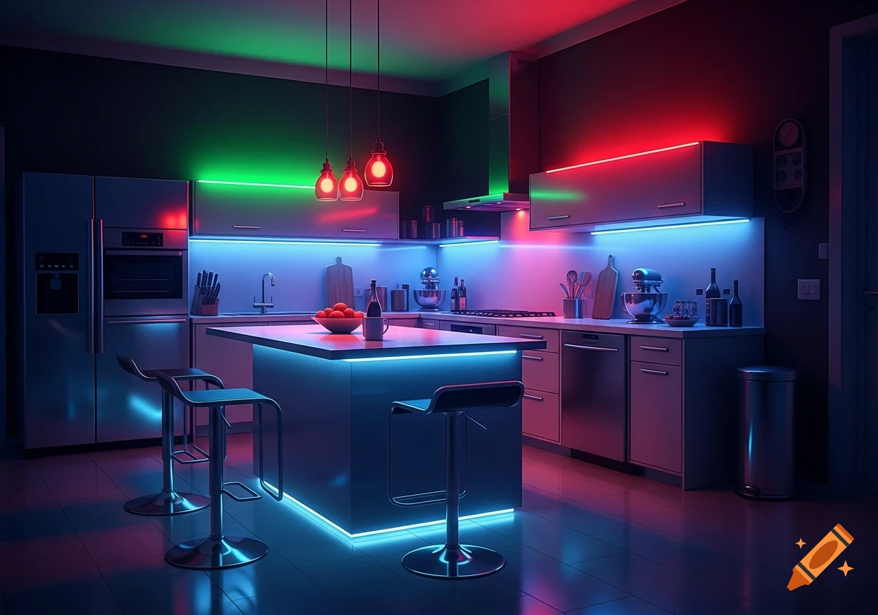 Modern kitchen illuminated with vibrant blue, red, and green LED strip lights, featuring a central island and steel appliances.