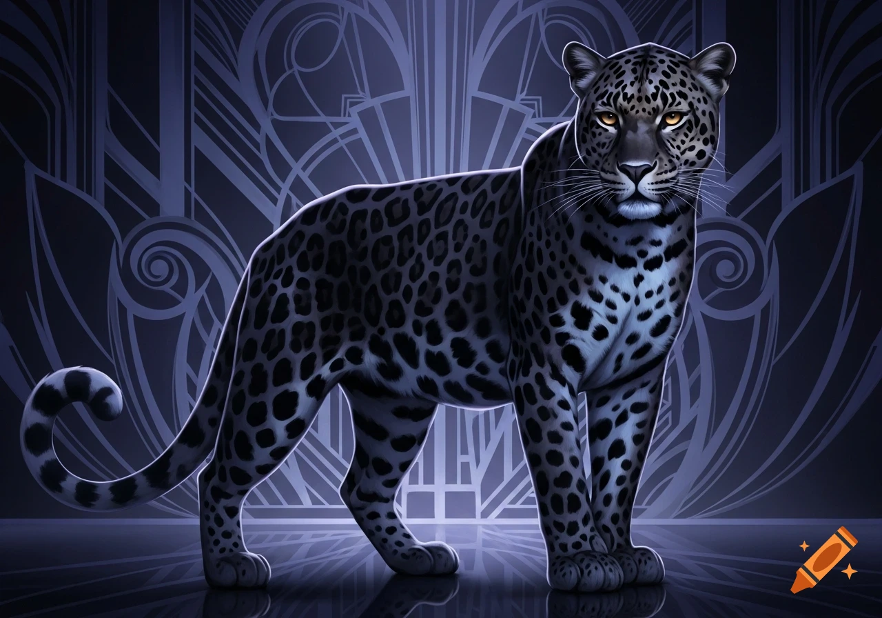 A stylized black leopard with yellow eyes stands in front of a blue Art Deco geometric background.