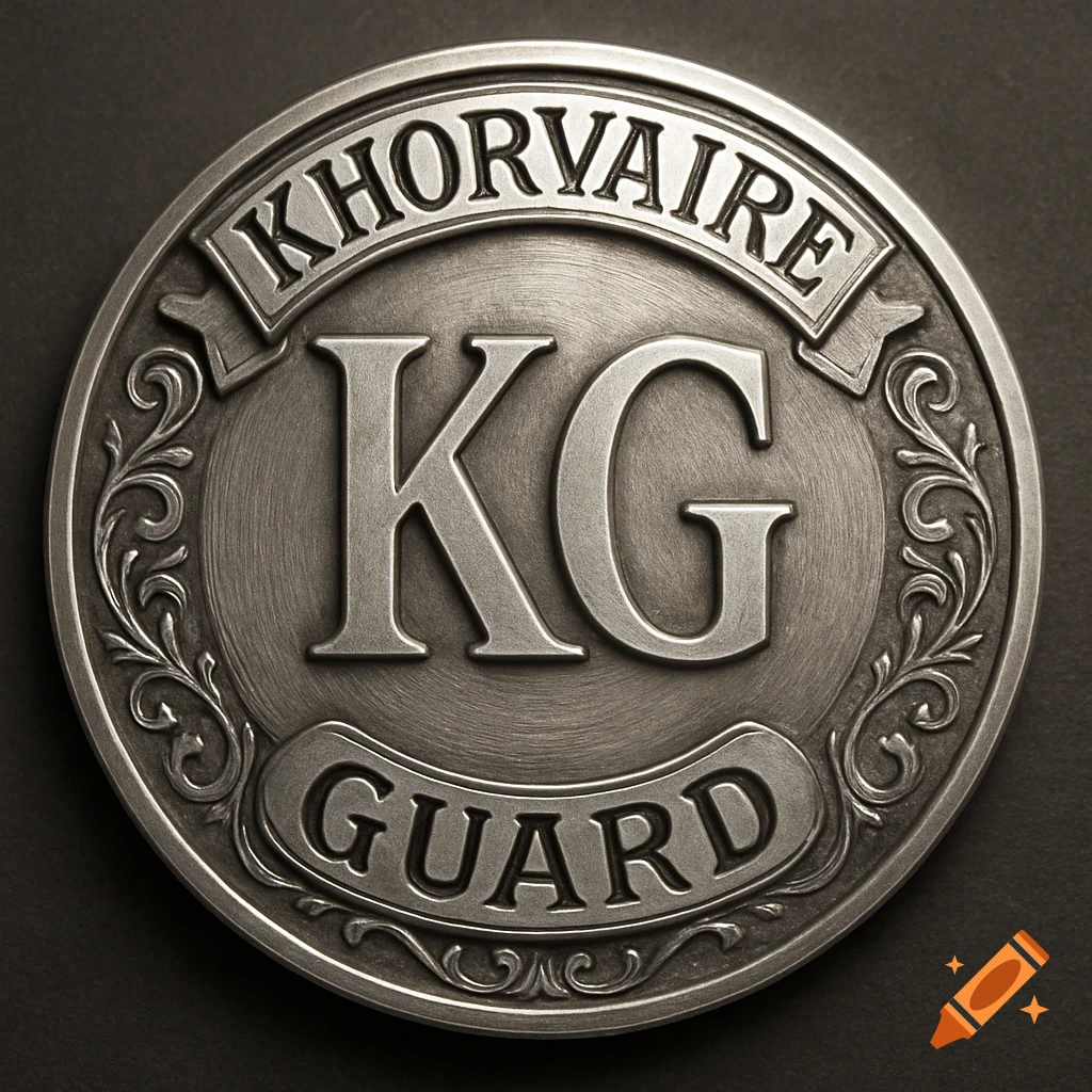 A detailed silver metallic badge with the letters 'KG' in the center, 'KHORVAIRE' at the top, and 'GUARD' at the bottom, surrounded by ornate scrollwork.