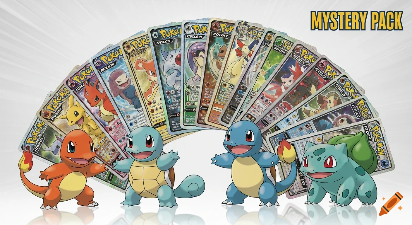 Charmander, Squirtle, and Bulbasaur characters in front of a fan of Pokemon trading cards with 'MYSTERY PACK' text.