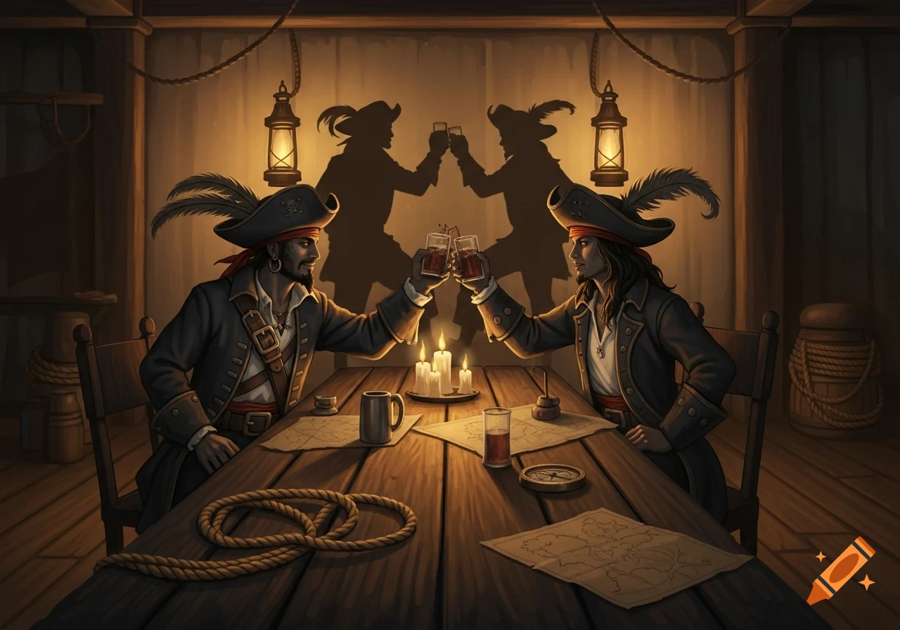 Two male pirates in plumed hats clink glasses across a wooden table in a dimly lit room, their silhouettes on the wall.