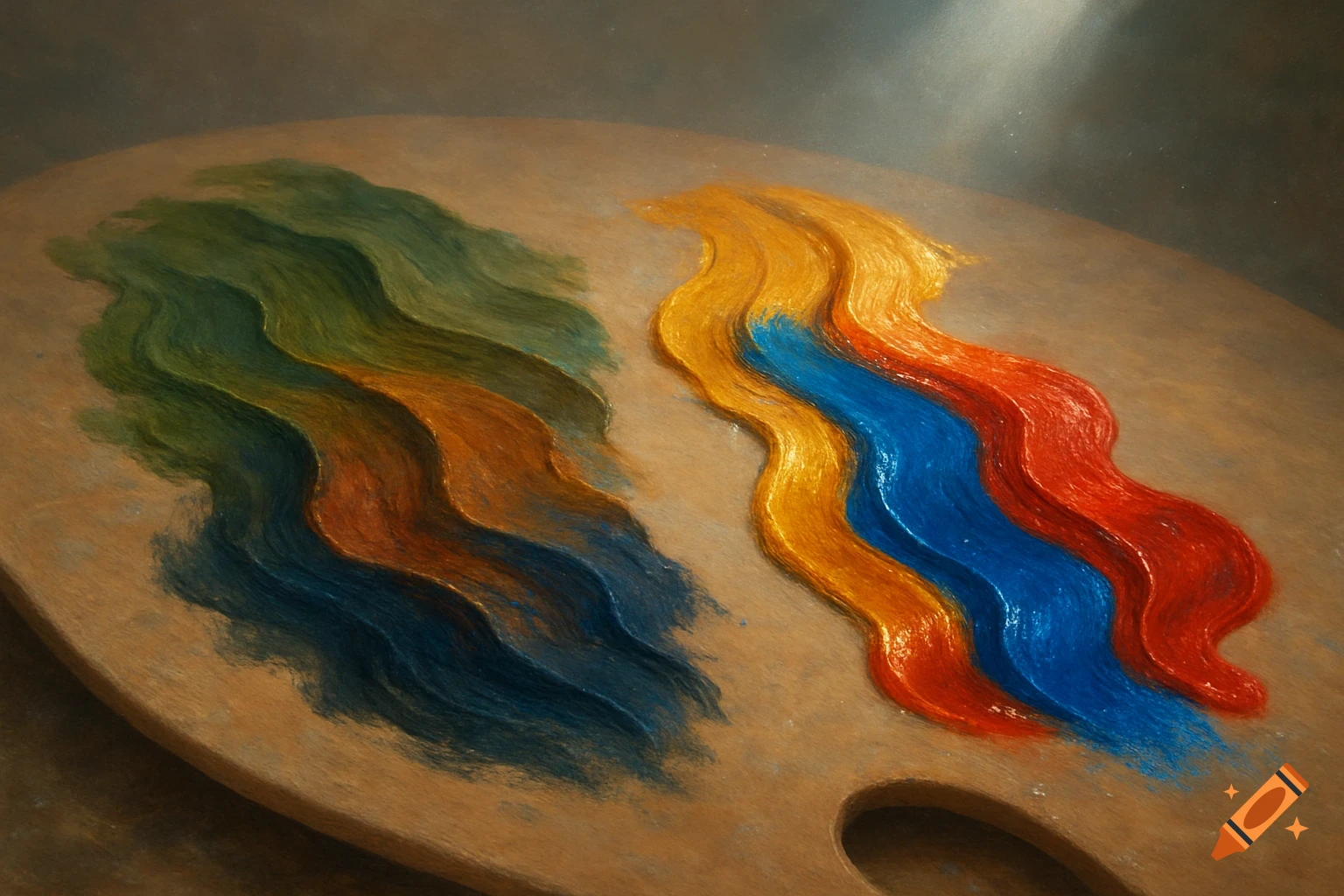 Textured paint in wavy streaks on a wooden artist's palette, with green, brown, blue, gold, and red pigments.