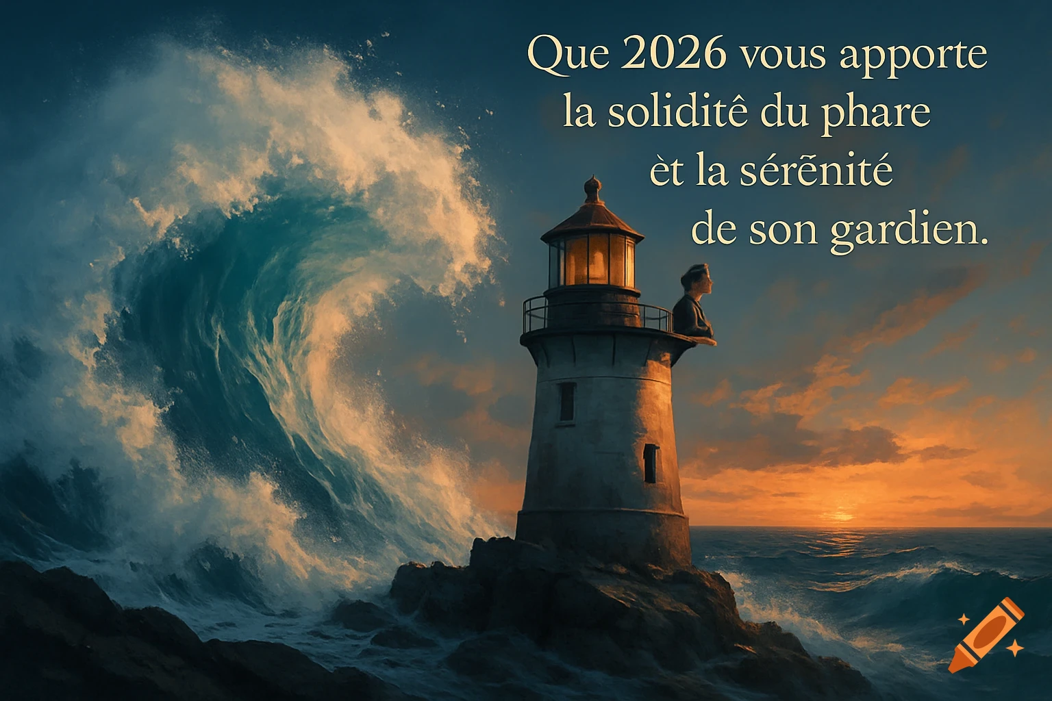 A semi-realistic painting of a lighthouse on a rocky shore with a huge wave crashing, a keeper looks out at sunset. Text: "Que 2026 vous apporte la solidité du phare et la sérénité de son gardien."