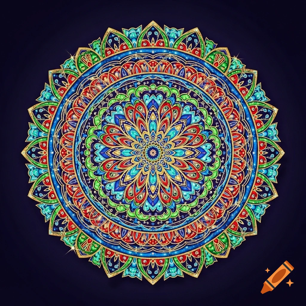 Vibrant, intricate mandala with symmetrical patterns in red, blue, green, and gold, featuring glittering accents on a dark background.