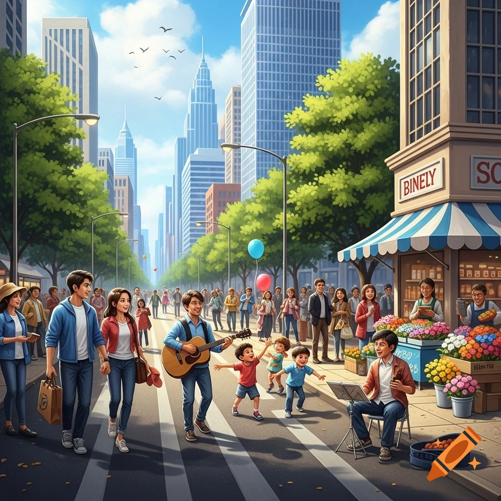 Vibrant illustration of a busy city street with people, street performers, a flower stall, and skyscrapers.